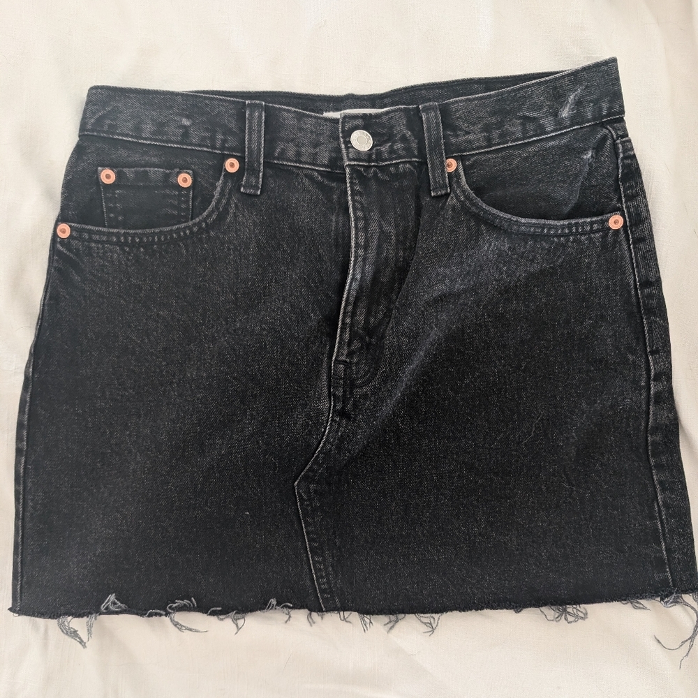 Mango black denim raw hem skirt